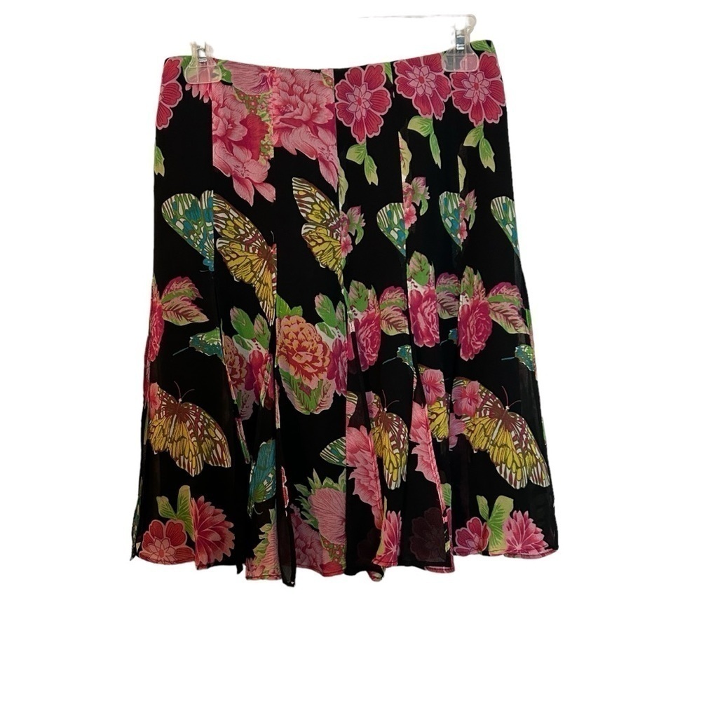 Karen Kane Flowers & Butterflies in Black Print Silk Open Panel Skirt